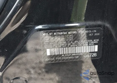 2021 Mitsubishi Mirage Carbonite Edition/Es/Le from USA, damaged, VIN ML32AUHJ6MH000881